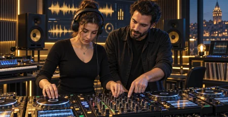 Temsilî stüdyo görseli: DJ eğitimi sırasında kulaklıkla ön dinleme yapan öğrenci ve mikseri gösteren eğitmen