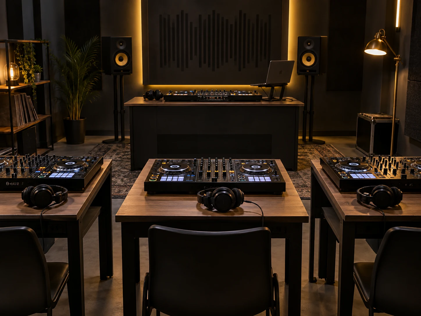 DJ kursu için çok istasyonlu uygulama stüdyosu