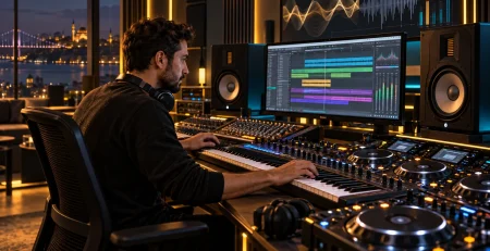 Temsilî stüdyo görseli: Müzik prodüksiyon stüdyosunda MIDI klavye, DJ kontrolcüsü ve çok kanallı proje üzerinde çalışan prodüktör