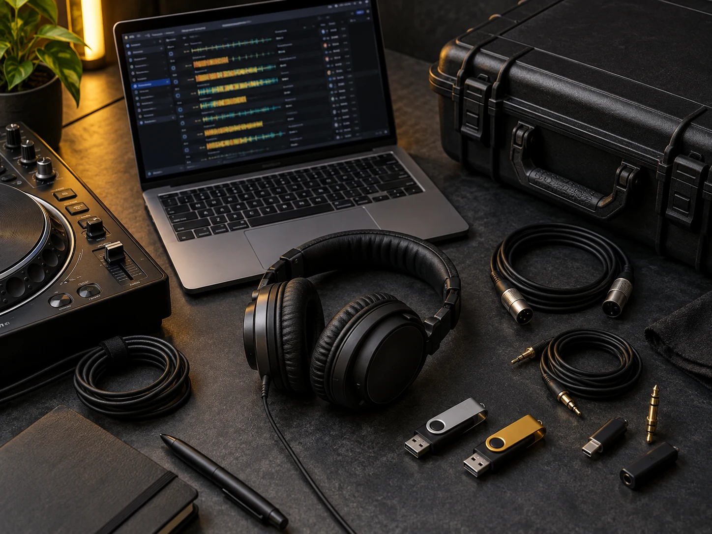 DJ Toolkit için kulaklık, USB bellek ve set hazırlık araçları