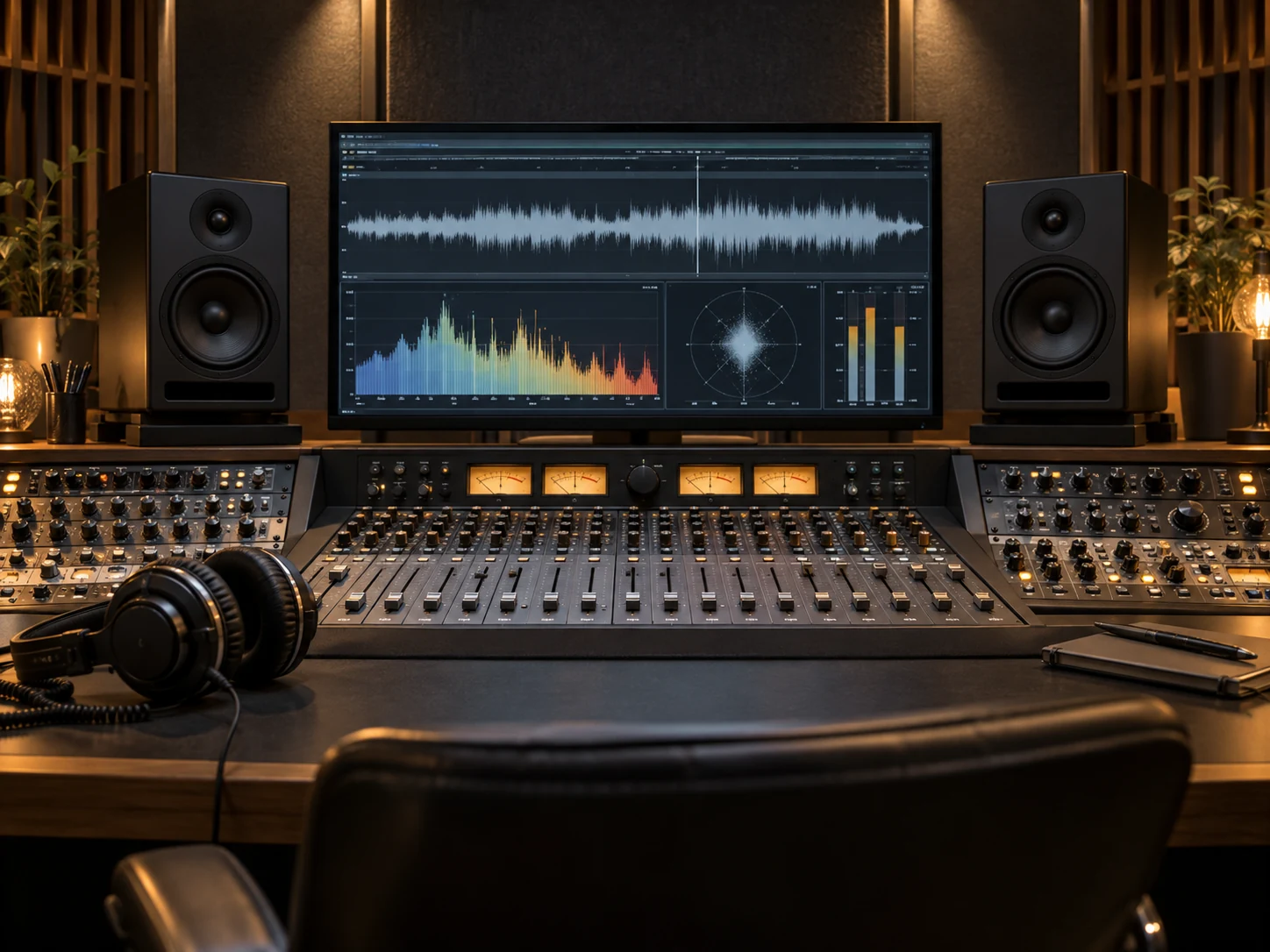 Mix ve mastering için stüdyo monitörleri ve ses kontrol masası