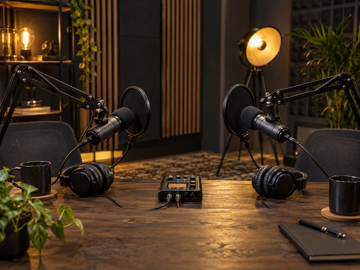 Podcast kaydı için yayın mikrofonu ve kulaklık kurulumu