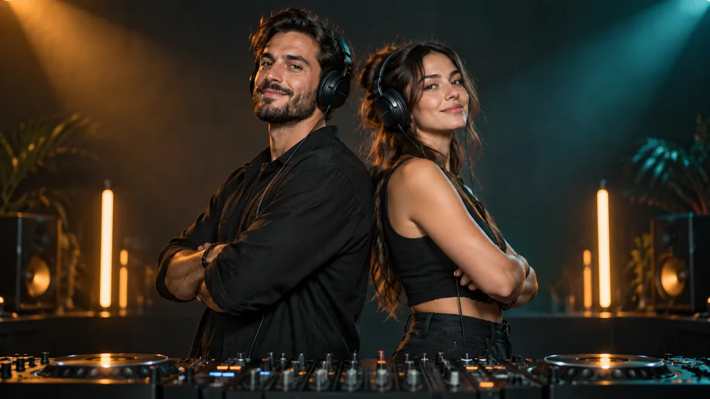 Kulaklıklı kadın ve erkek DJ, sırt sırta